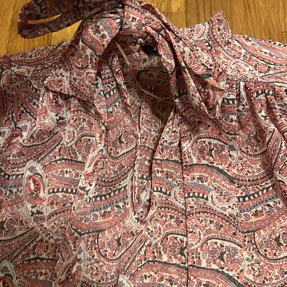 Zara Women's Blouse Pink Multicolor Paisley V-Neck Tie Long Sleeve Shirt Top S - Picture 5 of 12